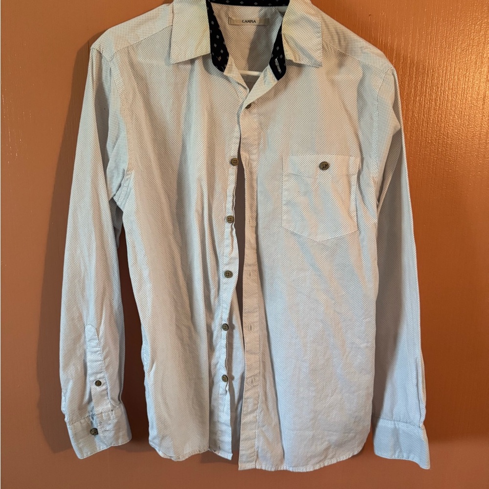 Campia White Button-Down Dress Shirt with Blue Dots 100% Cotton Men’s Size M
